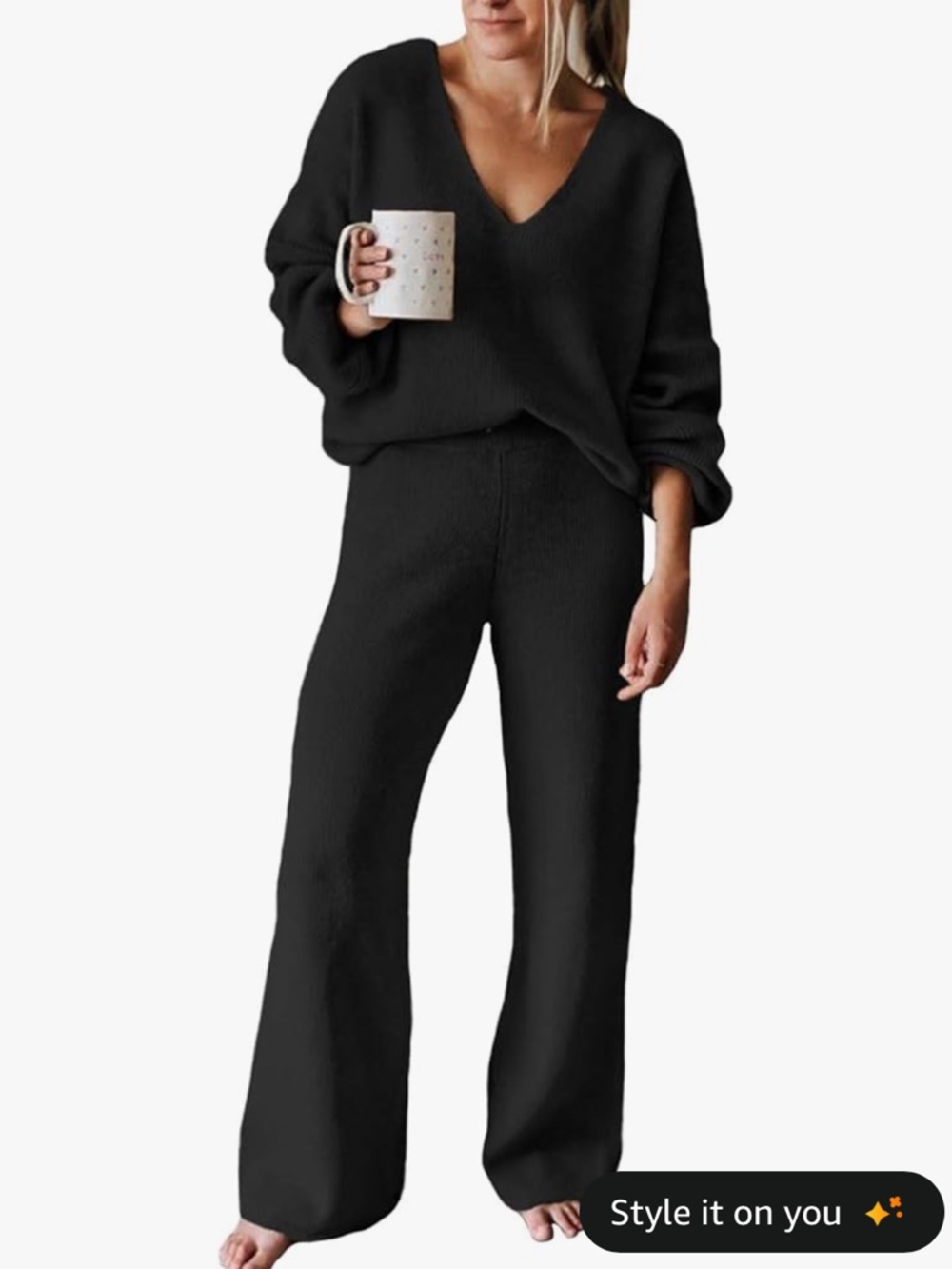 Black Knit Wide-Leg Lounge Set